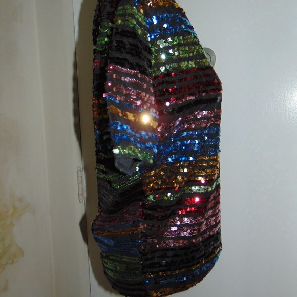 Rainbow Sequined Top Asymmetrical Neckline Off Shoulder Retro Hippy Women's Top - Picture 3 of 7